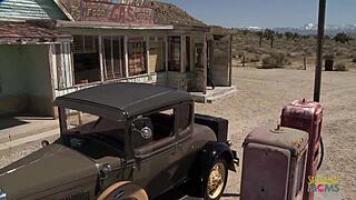 three naughty girls seduce a gas station worker for steamy group fun!