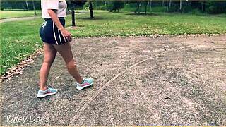 Braless milf flashes hairless pussy in miniskirt during outdoor basketball game