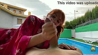 Big tits woman sucks cock in pool while friend watches amateur scene