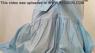 Shy cutie shows big breasts in blue skirt!