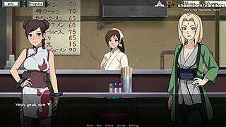 naruto kunoichi trainer tsunade and tenten give handjob and foot job in public restaurant