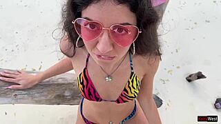 golden shower for katty right on public beach sand