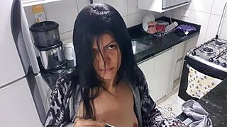 latina dame masturbates big tits in kitchen