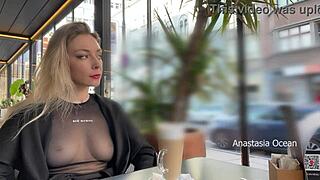 flashing tits in cafe, glass walls show all, no bra, oops!