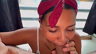 look at this latina's big exhibition at the door with deepthroat and creampie