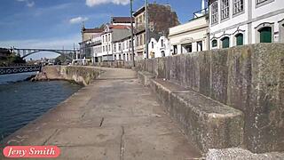 jeny smith experiences strap bondage in public setting. heels and shoes add to outdoor scene.