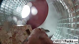 hot shower fun with christy dahlia and ivan featuring big tits ass tattoo pussy oral lesbian sex brunette bathing tits