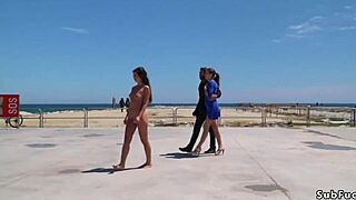 Bare spanish slave is walked on streets in domination bdsm scene