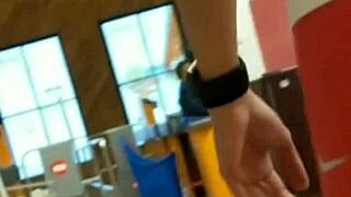 Hot girl with nice ass in tight shorts feels excitement in market