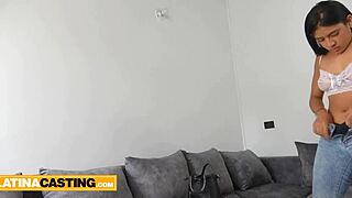 In Latina casting, does hot brunette in miniskirt ride agent's big dick in doggystyle and cowgirl?