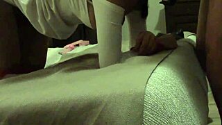 laura in stockings and heels deepthroats big cock with gagging and cum swallow