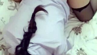 New girlfriend in black stockings looks tempting