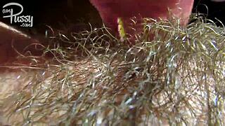 Big clit on a hairy sticky pussy up close