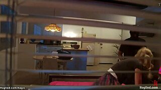 Bound student gets her tight pussy fucked hard while gagging on a massive cock.