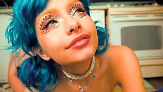 Lesbians in cosplay have fun with wand on webcam.