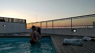 Accountant cums hard in pool at sunset! 🌅