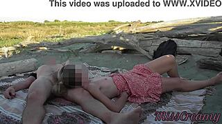 french teacher sucking amateur on nude beach, public cumshot, we got caught!