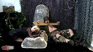 Vampire costume babe gets fucked on graveyard.