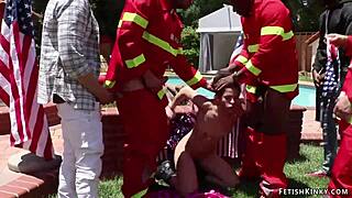 firefighters double penetrate and bang american slut in wild outdoor orgy