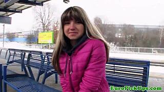 Real public slut swallows cum in raw POV action. Her brunette charm shines on the street.