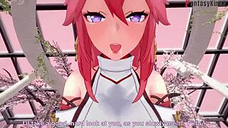 Yae Miko enjoys sex in Genshin Impact with ahegao pink-haired girl