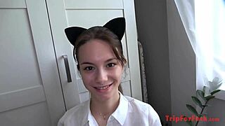 Eighteen-year-old in cat costume for AMWF creampie scene