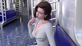 On a horny train ride, she gets a blowjob and cumshot on her shaved pussy.