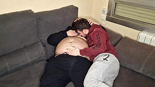 oso and chaser suck big cocks in 69 on sofa, teasing with cum in mouth.