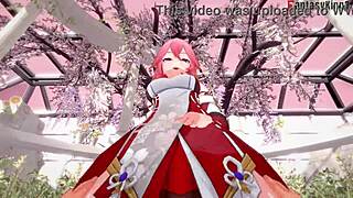 Yae Miko enjoys sex in Genshin Impact with ahegao pink-haired girl