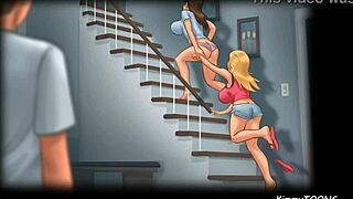 Pervert neighbor peeks at shy blonde and slutty friend flaunting big perky boobs in cheerleader uniforms.