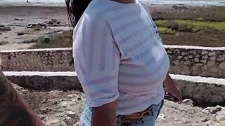 horny latina cums quickly on beach