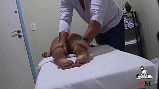 Bold nymph cums during massage, then fiercely fucks the masseur, all caught on hidden camera.