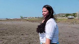 horny latina cums quickly on beach