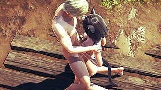 Kitty character in uncensored 3D hentai gets boobjob and creampie fuck in Japanese anime manga game porn.