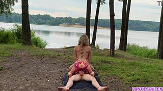 Naked blonde rides outdoors publicly. She receives a load on her chest