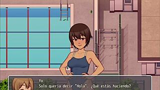 In this hentai game, he fucks her in the bathroom and spies on the school pool