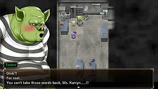 karryn gets rough threesome in prison with slime monster and thug, big tits bouncing wildly