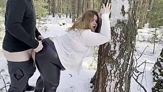 Chubby hitchhiker in leather sucks cock in snowy woods for hard banging.