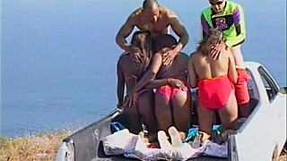 black chick with pink pussy gets outdoor blowjob and doggy