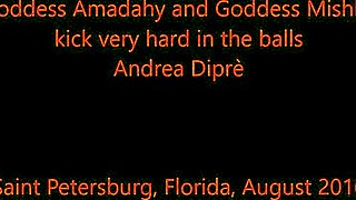 two goddesses amadahy and miskha kick andrea dipre's balls outdoors