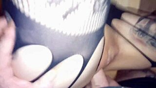 Horny secretary enjoys dildo play before getting cum on her glasses