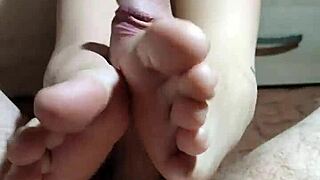 asian brunette girl satisfies big cock with legs and hands cum on small 18+ tits