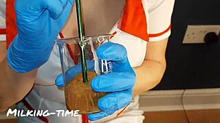 Bold Nurse In CFNM Drinks Sperm Sample From Lactating Slut Wife.