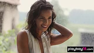 feeling aroused as natalie costello strips naked in rain, revealing big tits