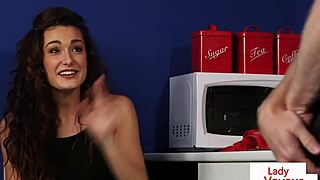 Cute Babe Spreads Legs in Kitchen for Humiliating Jerk Off Instructions from Classy British Femdom