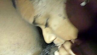 Wow, ebony babe spits on monster cock then sucks it in car!