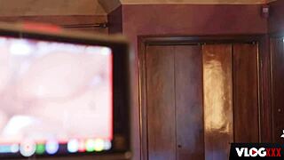 I, Kayley Gunner, ride the cum machine in a photoshoot, licking my big tits and getting a facial.