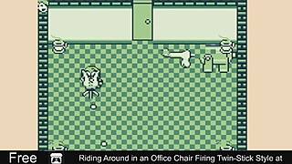Riding around in office chair firing twin-stick style at erotic comedy twins