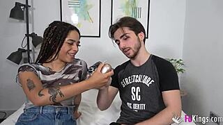 Does this brunette babe test her sex toy against a dude's tongue?