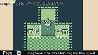 Riding around in office chair firing twin-stick style at erotic comedy twins